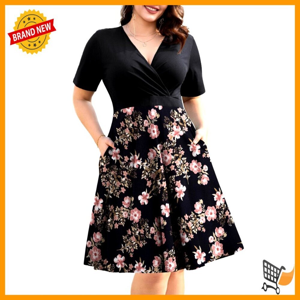 Plus Size Faux Wrap Swing Dress with Pockets, Short Sleeve, L-4XL